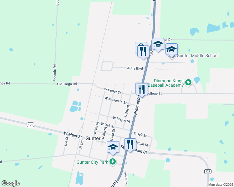 map of restaurants, bars, coffee shops, grocery stores, and more near 307 West Cedar Street in Gunter