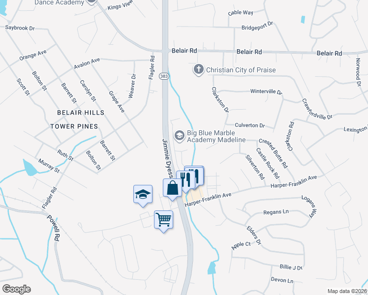 map of restaurants, bars, coffee shops, grocery stores, and more near 4120 Madeline Drive in Augusta