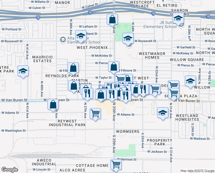 map of restaurants, bars, coffee shops, grocery stores, and more near 3521 West Polk Street in Phoenix
