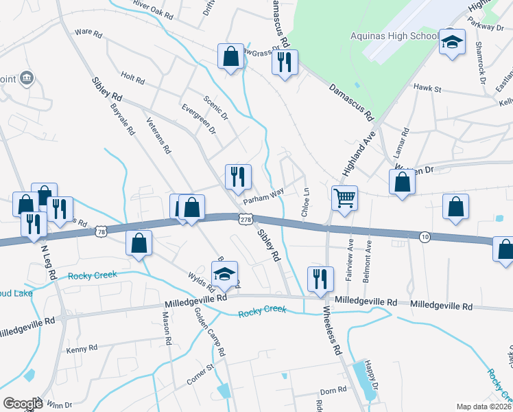 map of restaurants, bars, coffee shops, grocery stores, and more near 333 Parham Way in Augusta