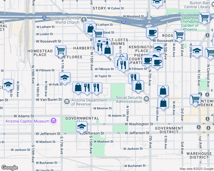 map of restaurants, bars, coffee shops, grocery stores, and more near 1211 West Polk Street in Phoenix