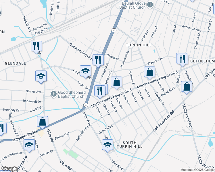 map of restaurants, bars, coffee shops, grocery stores, and more near 1730 Meadow Street in Augusta