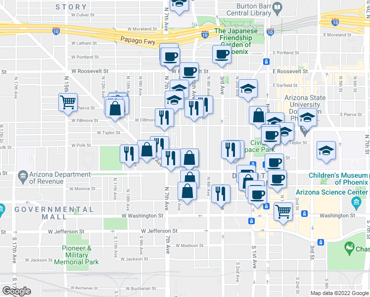 map of restaurants, bars, coffee shops, grocery stores, and more near 346 North 6th Avenue in Phoenix