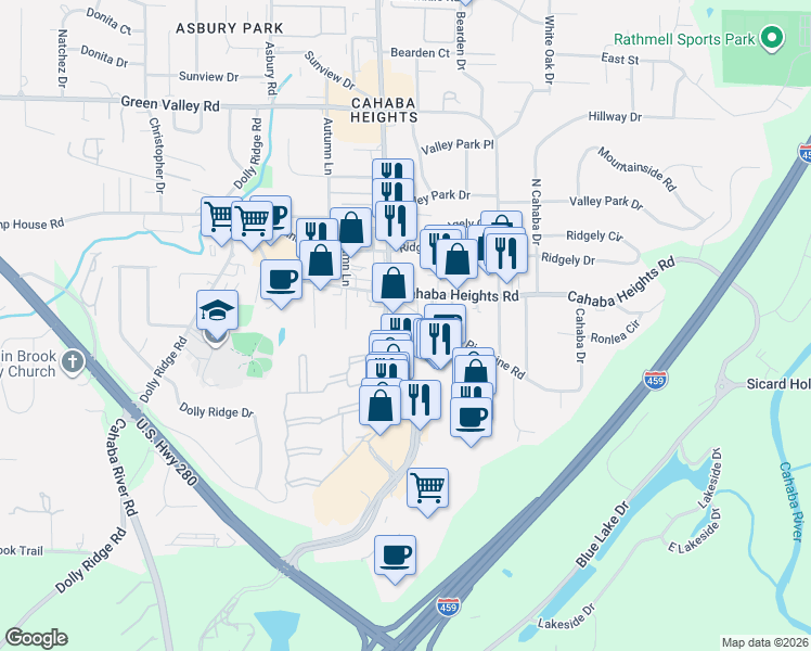 map of restaurants, bars, coffee shops, grocery stores, and more near 3205 Pipe Line Road in Vestavia Hills