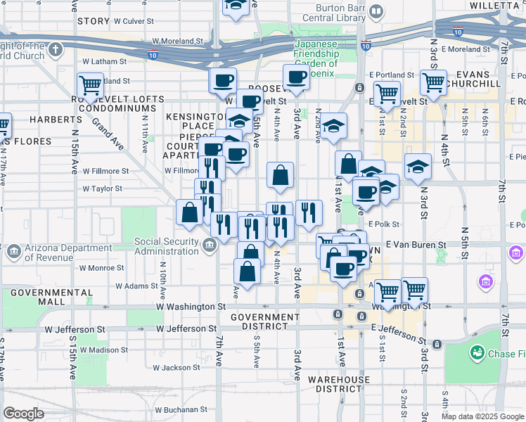 map of restaurants, bars, coffee shops, grocery stores, and more near 338 North 5th Avenue in Phoenix