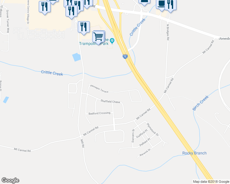 map of restaurants, bars, coffee shops, grocery stores, and more near Hennepin Terrace in McDonough