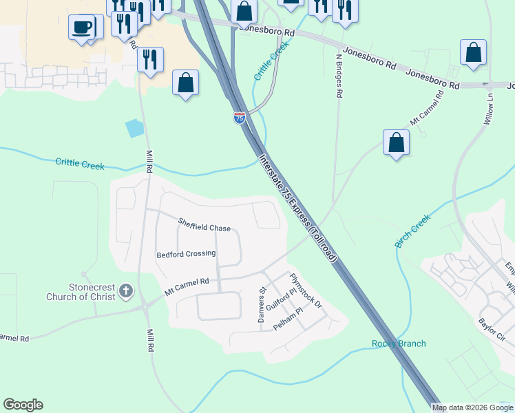 map of restaurants, bars, coffee shops, grocery stores, and more near 830 Hennepin Terrace in McDonough