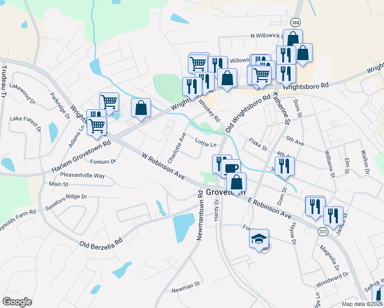 map of restaurants, bars, coffee shops, grocery stores, and more near 113 Wadsworth Court in Grovetown