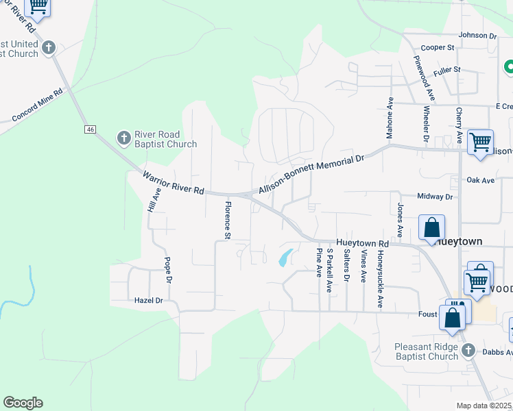 map of restaurants, bars, coffee shops, grocery stores, and more near 1515 Hueytown Road in Hueytown