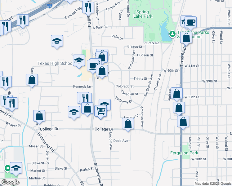 map of restaurants, bars, coffee shops, grocery stores, and more near 3708 Holloway Drive in Texarkana