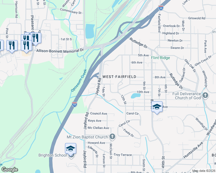map of restaurants, bars, coffee shops, grocery stores, and more near 906 13th Street in Midfield