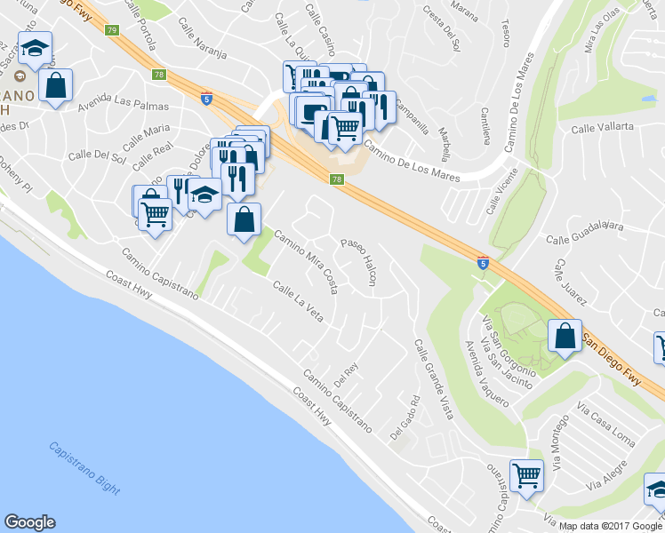 map of restaurants, bars, coffee shops, grocery stores, and more near 3315 Paseo Halcon in San Clemente