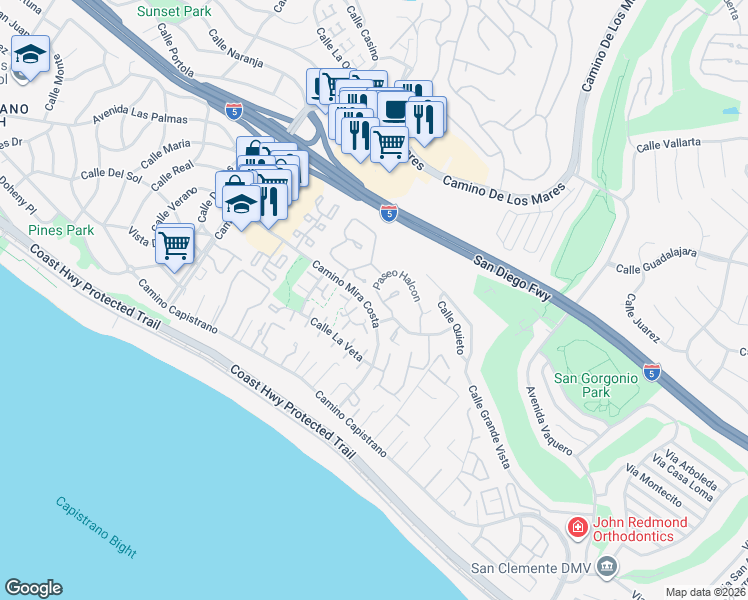 map of restaurants, bars, coffee shops, grocery stores, and more near 3315 Paseo Halcon in San Clemente