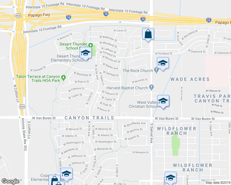 map of restaurants, bars, coffee shops, grocery stores, and more near 16556 West Fillmore Street in Goodyear
