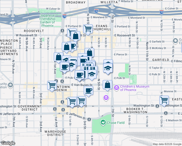 map of restaurants, bars, coffee shops, grocery stores, and more near 455 North 3rd Street in Phoenix