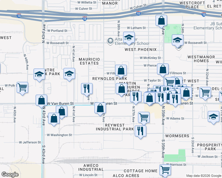 map of restaurants, bars, coffee shops, grocery stores, and more near 343 North 38th Avenue in Phoenix