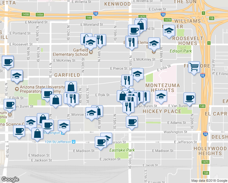 map of restaurants, bars, coffee shops, grocery stores, and more near 1456 East Polk Street in Phoenix