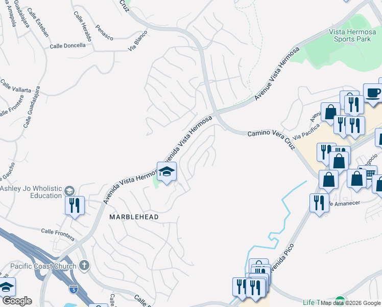 map of restaurants, bars, coffee shops, grocery stores, and more near 2520 Calle Jade in San Clemente