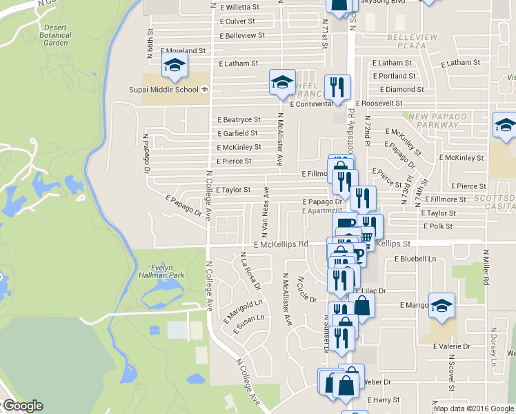 map of restaurants, bars, coffee shops, grocery stores, and more near 2209 North Van Ness Avenue in Tempe