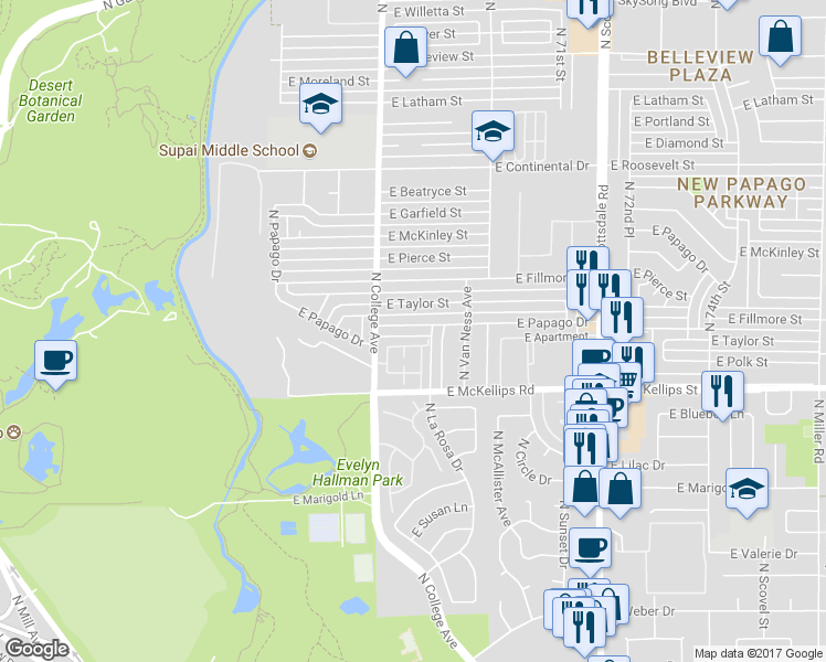 map of restaurants, bars, coffee shops, grocery stores, and more near 341 East Papago Drive in Tempe