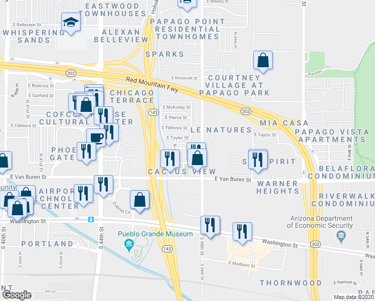 map of restaurants, bars, coffee shops, grocery stores, and more near 420 North 47th Place in Phoenix