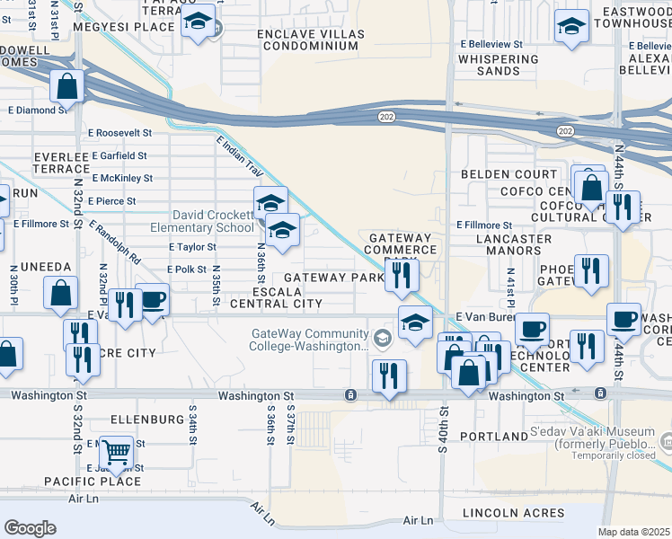map of restaurants, bars, coffee shops, grocery stores, and more near 3735 East Taylor Street in Phoenix