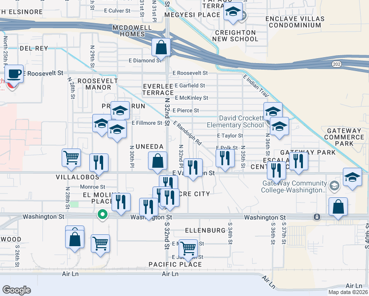 map of restaurants, bars, coffee shops, grocery stores, and more near 411 North 32nd Place in Phoenix