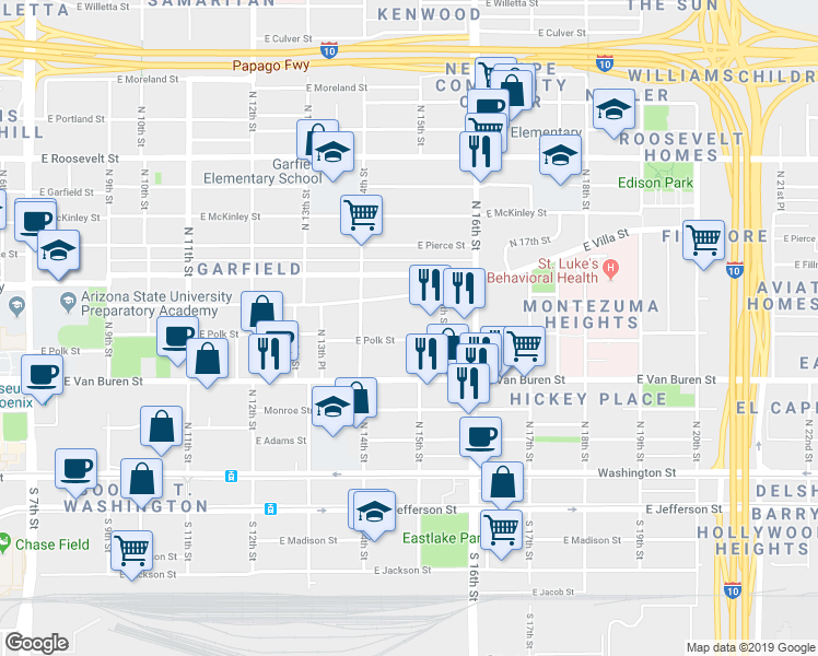 map of restaurants, bars, coffee shops, grocery stores, and more near 1450 East Polk Street in Phoenix