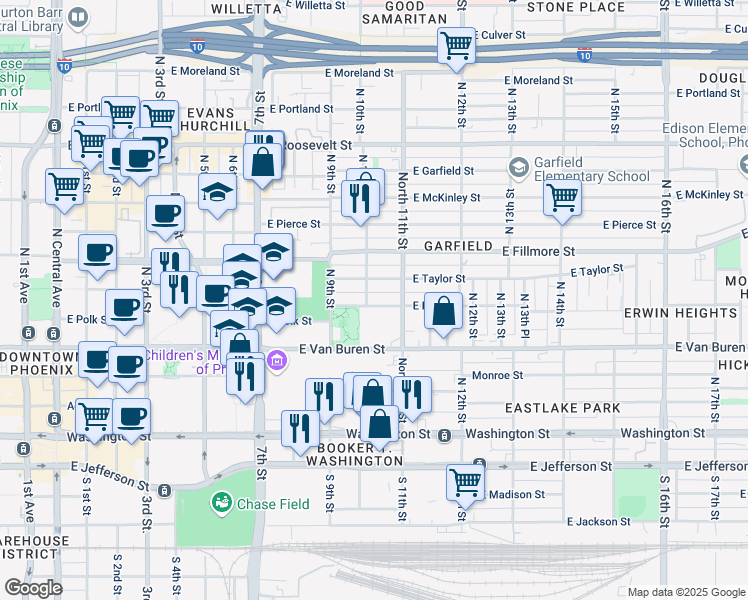 map of restaurants, bars, coffee shops, grocery stores, and more near 402 North 10th Street in Phoenix
