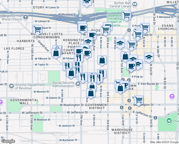 map of restaurants, bars, coffee shops, grocery stores, and more near 346 North 6th Avenue in Phoenix