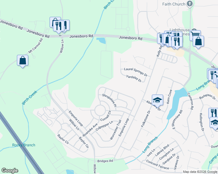 map of restaurants, bars, coffee shops, grocery stores, and more near 205 Emporia Loop in McDonough
