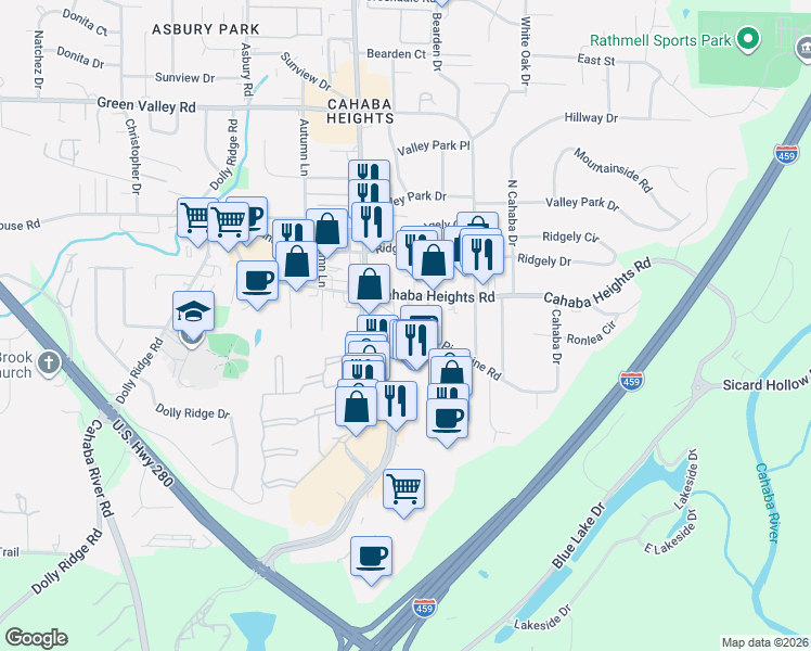 map of restaurants, bars, coffee shops, grocery stores, and more near 3205 Pipe Line Road in Vestavia Hills