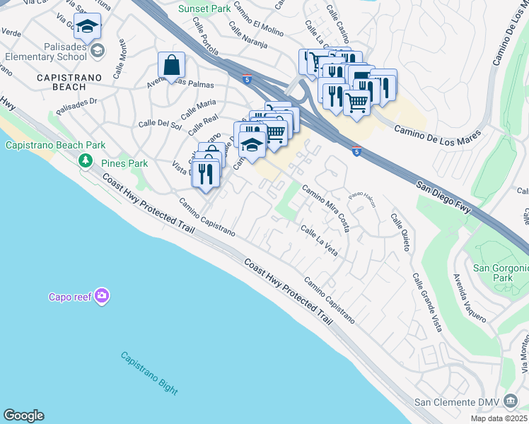 map of restaurants, bars, coffee shops, grocery stores, and more near 27061 Mill Pond Road in Dana Point
