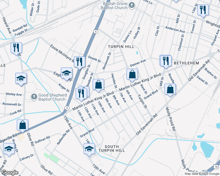 map of restaurants, bars, coffee shops, grocery stores, and more near 2034 Joseph Street in Augusta