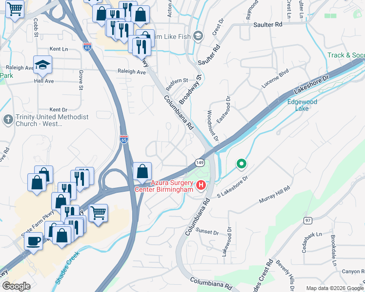 map of restaurants, bars, coffee shops, grocery stores, and more near 1095 Columbiana Road in Birmingham