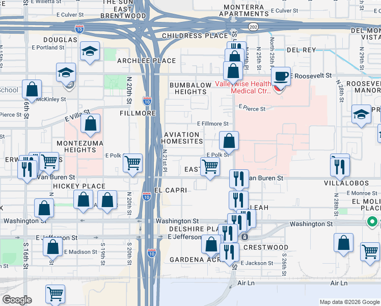 map of restaurants, bars, coffee shops, grocery stores, and more near 2218 East Polk Street in Phoenix