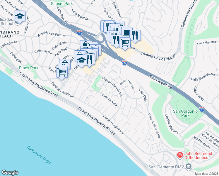 map of restaurants, bars, coffee shops, grocery stores, and more near 387 Calle Borrego in San Clemente