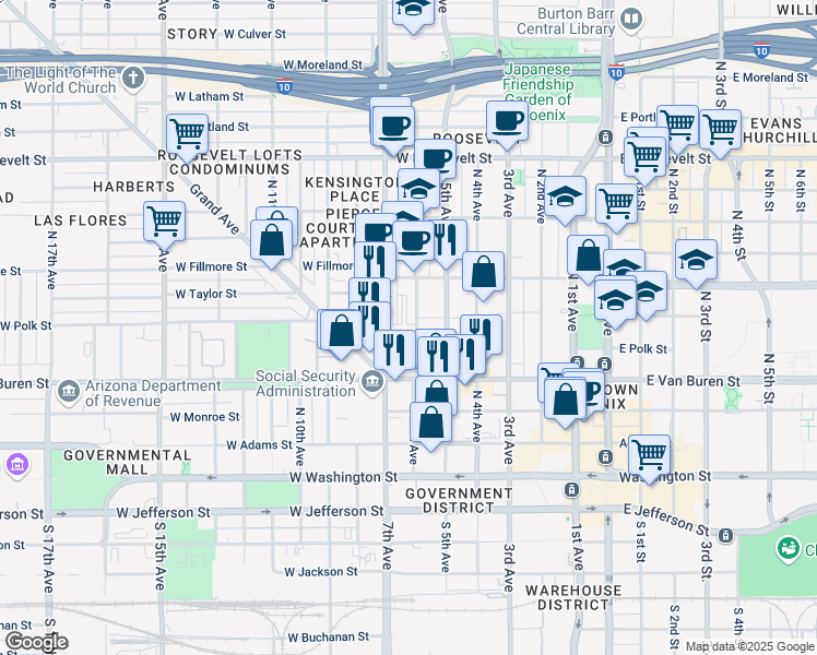 map of restaurants, bars, coffee shops, grocery stores, and more near 346 North 6th Avenue in Phoenix