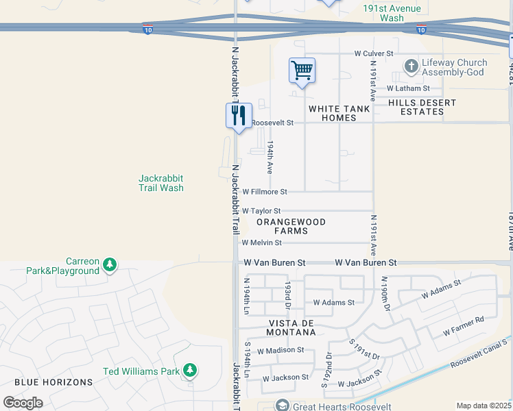 map of restaurants, bars, coffee shops, grocery stores, and more near 19420 West Taylor Street in Buckeye