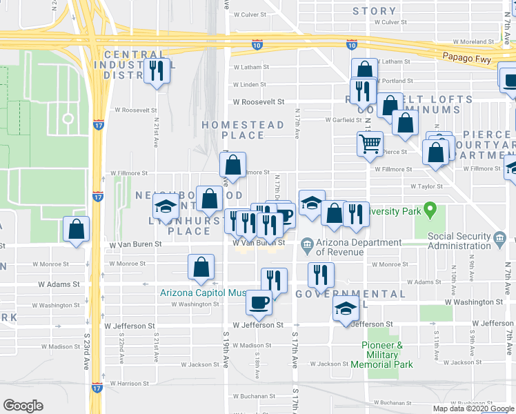 map of restaurants, bars, coffee shops, grocery stores, and more near North 18th Avenue & West Polk Street in Phoenix