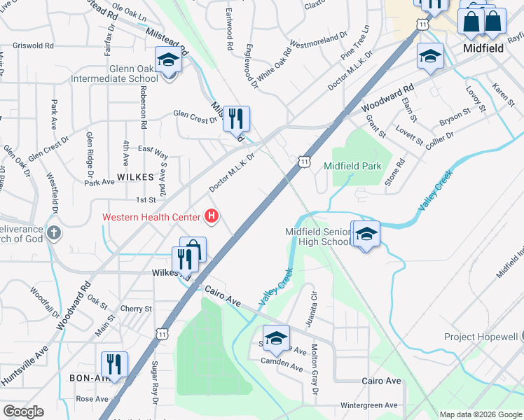 map of restaurants, bars, coffee shops, grocery stores, and more near 1845 Bessemer Super Highway in Midfield