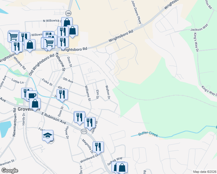 map of restaurants, bars, coffee shops, grocery stores, and more near 105 Walton Drive in Grovetown