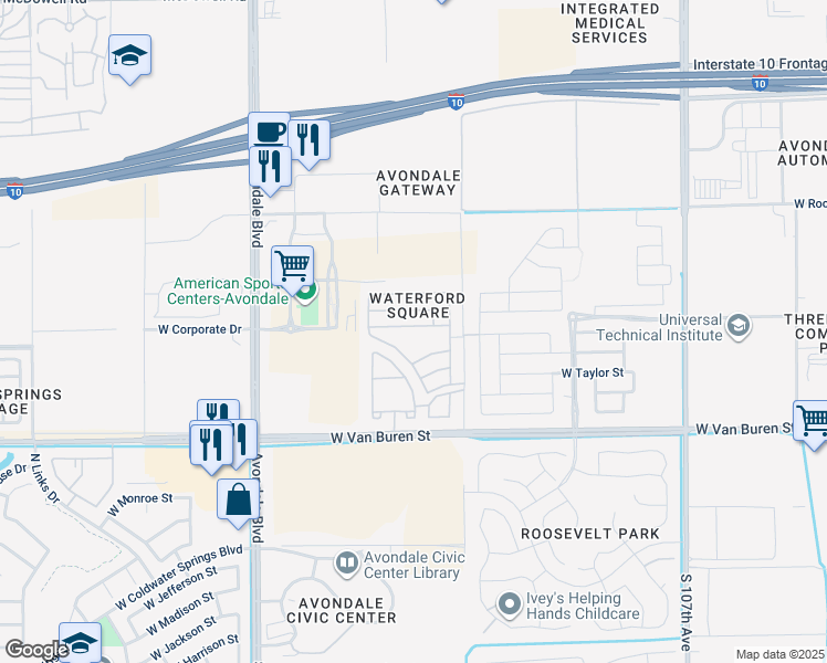 map of restaurants, bars, coffee shops, grocery stores, and more near 11201 West McKinley Street in Avondale