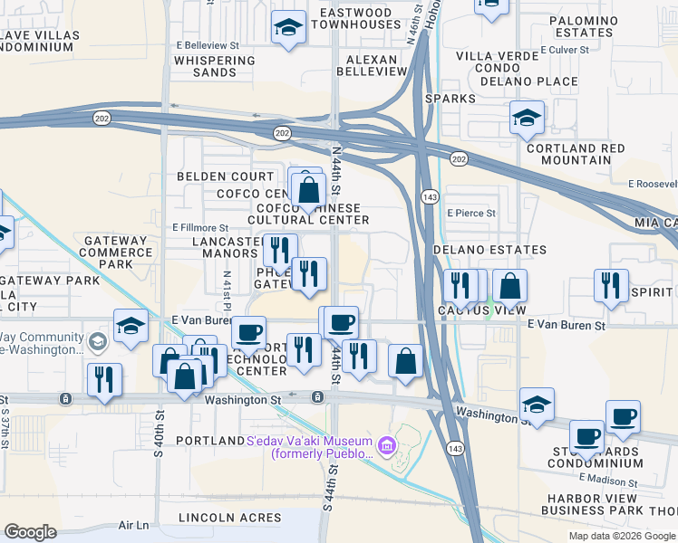 map of restaurants, bars, coffee shops, grocery stores, and more near 427 North 44th Street in Phoenix