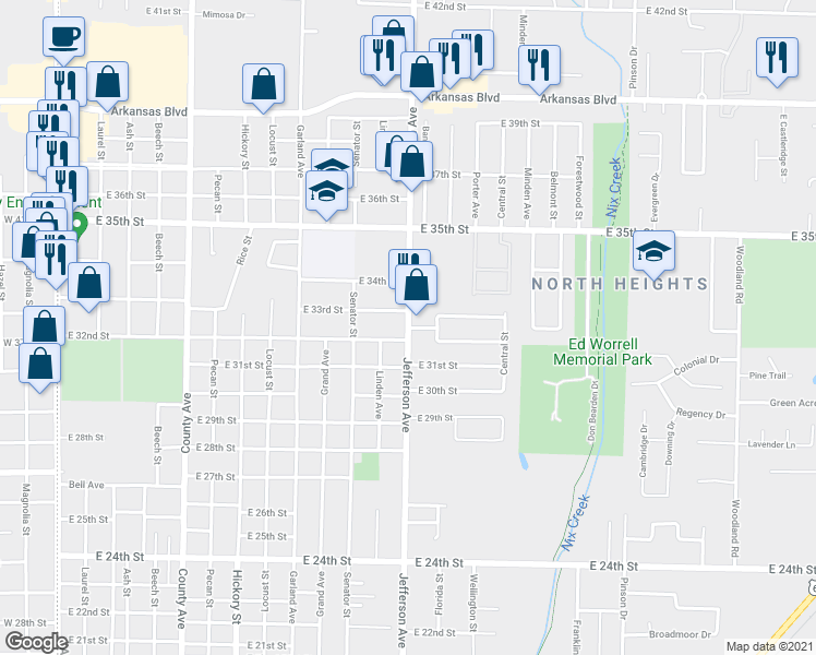 map of restaurants, bars, coffee shops, grocery stores, and more near Hermitage Drive in Texarkana