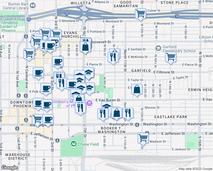 map of restaurants, bars, coffee shops, grocery stores, and more near 904 East Polk Street in Phoenix