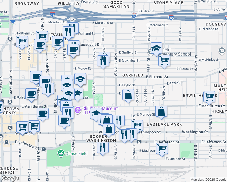 map of restaurants, bars, coffee shops, grocery stores, and more near 1032 East Polk Street in Phoenix
