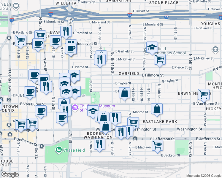 map of restaurants, bars, coffee shops, grocery stores, and more near 1032 East Polk Street in Phoenix