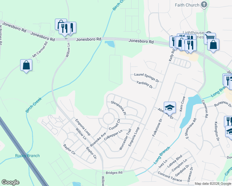 map of restaurants, bars, coffee shops, grocery stores, and more near 205 Emporia Loop in McDonough