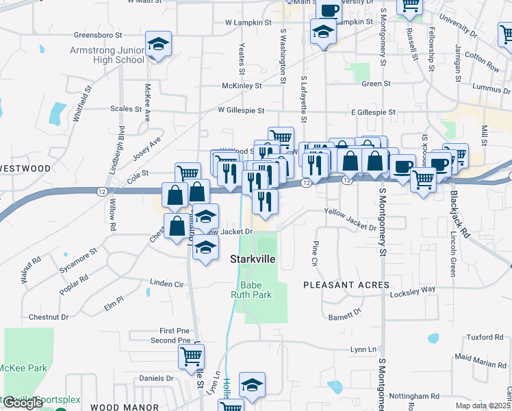 map of restaurants, bars, coffee shops, grocery stores, and more near 105 Eckford Drive in Starkville